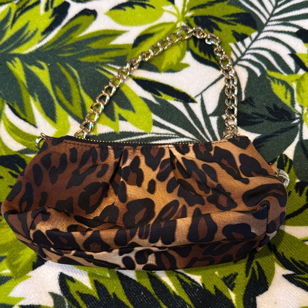Chico's Brown Leopard Print Clutch with Gold Chain